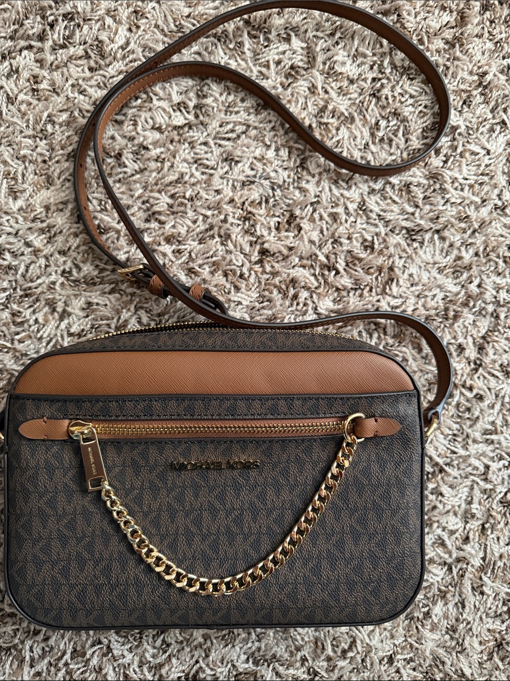 Michael Kors Brown and Tan Logo Crossbody with Gold Chain